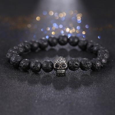 China High Quality Fashion Lava Stone Beads Skull Bracelets 8mm Skull Charm Bracelet For Women Men Black Lava Stone Beads for sale