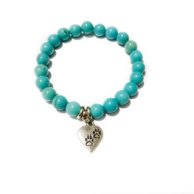 China TRENDY Jewelry 8mm Turquoise Fashion Dog Paws Heart Stone Pendant Beaded Elastic Bracelet for sale