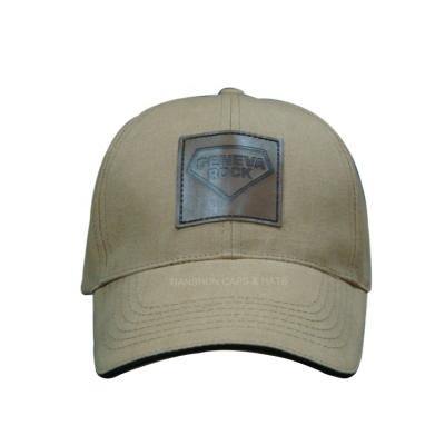 China JOINT Factory Customize Cheap Cotton Canvas Sports Hat KHAKI Baseball Cap With Custom PU Leather Patch Emboss Logo for sale