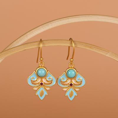 China Retro Vintage Fashion 925 Sterling Silver Gold Plated Natural Turquoise Cloisonne Palace Style Lady Earrings Jewelry for sale