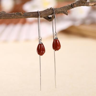 China Vintage Fashion Handmade 925 Agate Magnolia Earrings Women's Silver Flower Ear Lines Natural Red Gemstone Fine Jewelry for sale