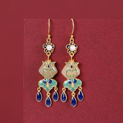 China New Fashion Vintage Long Jade Jewelry Dangle Earrings Women Palace Enamel Cloisonne Style Hook Earrings for sale