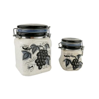 China Custom Kitchen Airless White Ceramic Flower Pattern Flower Pattern Enamel Airtight Canister Sets Storage Jam Sealed Clamp Jars With Metal Clip Lid for sale