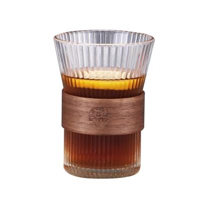 China Sustainable Creative Vertical Grain Glass Coffee Cup Household Tea Cup With Heat Insulation Leather Water Cup for sale