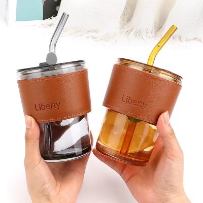 China Sustainable 400ml Portable Clear High Borosilicate Glass Travel Water Drinking Tumbler Coffee Mug With Lid And Straw for sale