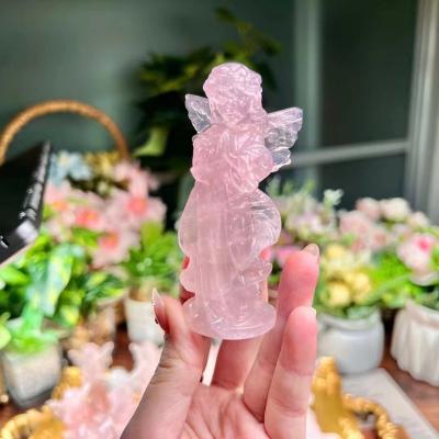 China Europe High Quality Natural Healing Crystal Hand Carved Rose Quartz Angel, Fluorite Angel Crystal Crafts for sale