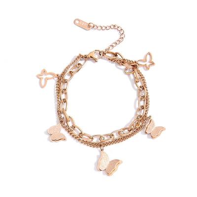 China 18K Rose Gold Personality Versatile Jewelry Stainless Steel Double Butterfly Frosted Romantic Sexy Women's Bracelet for sale