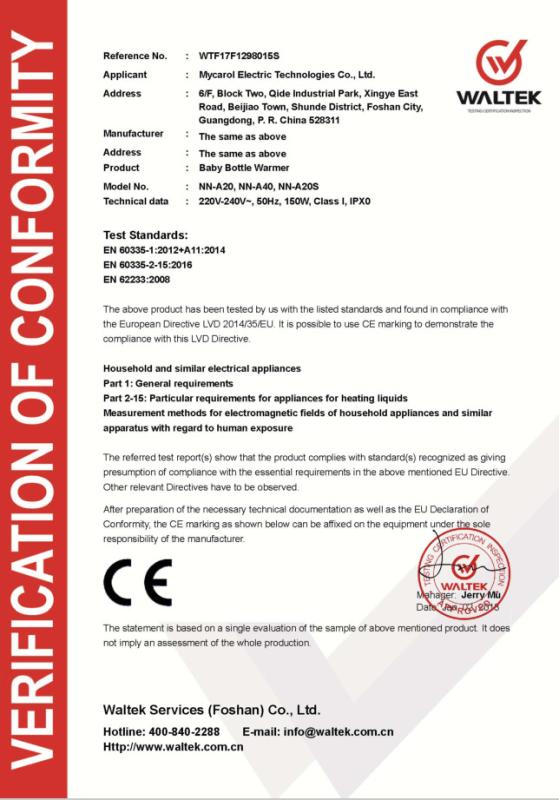 CE - Foshan Mycarol Electric Technologies Inc.