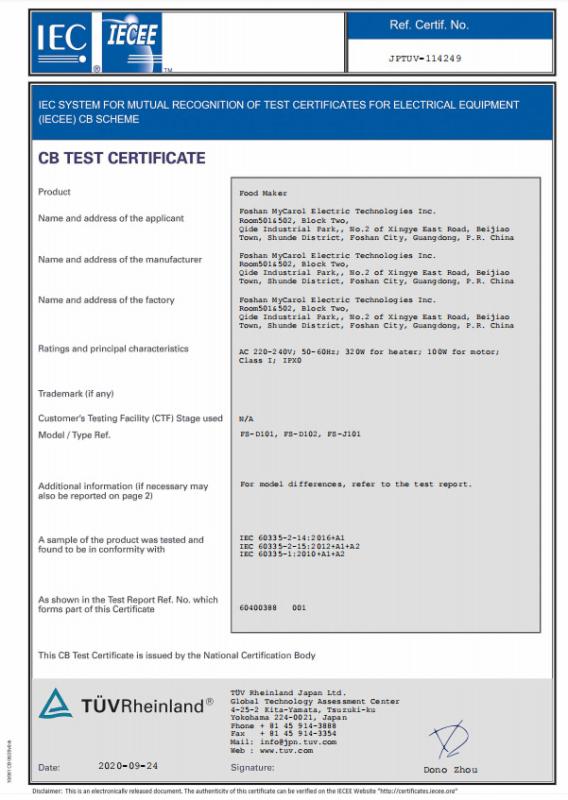 CB - Foshan Mycarol Electric Technologies Inc.