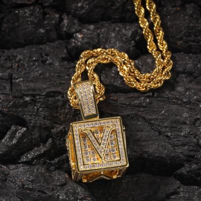 China Hiphop 3A Cubic Zirconia Iced Out Hip Hop Dies Square Necklace Initial Dangle Alphabet Capital Letter Dangle Chain Necklaces for sale