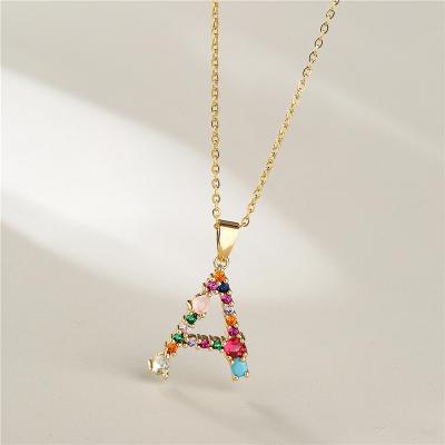 China Hiphop Fashion 26 Initial Zircon Pendant With Gem Letter Alphabet Colorful Chian Necklace Best Gift For Woman 18K for sale