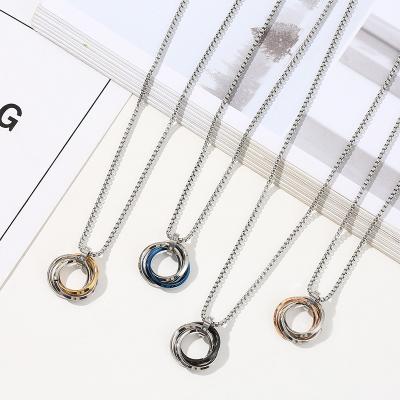 China Vintage Hip Pop Men's Necklace With Double Silver Circle Ring Pendant Chain Gift For Him Geometric Necklace For Men for sale