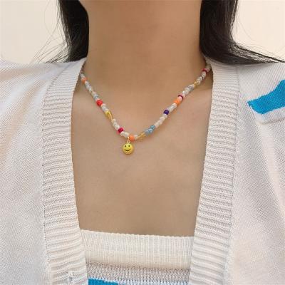 China Fashion Boho Acrylic Style Colored Colorful Resin Beads Necklace Girl Clavicle Glass Beads Necklace Smile Face Necklace for sale