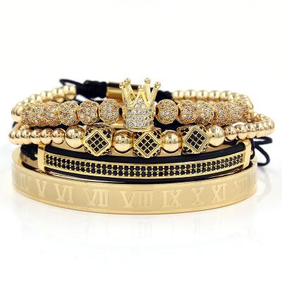 China 4Pcs/Set Gold CLASSIC Luxury Imperial Crown Bracelet Set 18k Gold Roman Beads Bracelet CZ Crown Braided Brass Mens Bracelet for sale