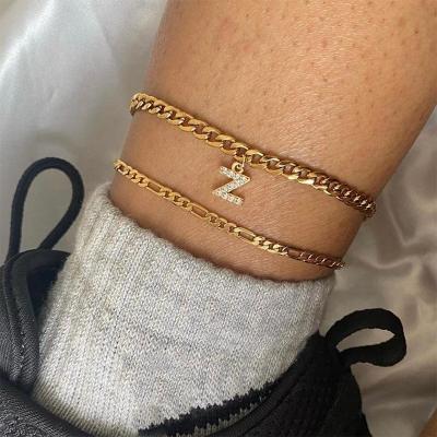 China Punk Stainless Steel 18K Gold Plated Chain With 26 Letter Crystal Zircon Cuban Initial Anklet Pendant 20+5Cm for sale