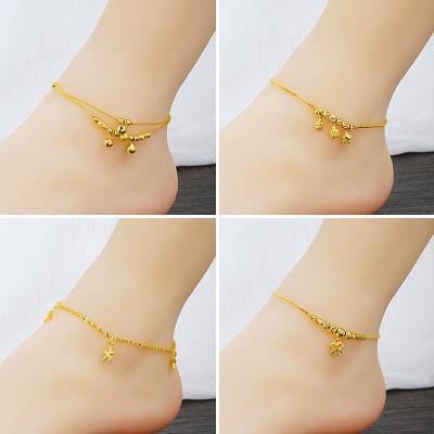 China Vintage Fashion Jewelry 18K Gold Real No Tarnish Plated Anklet Chain Four Leaf Clover Bell Blessing Bag Gold Charm Anklet for sale