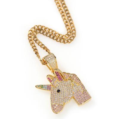 China New Fashion Fantasy Unicorn Pendant Full Of Zircon Rainbow Pony Personality Trendy Necklace Hip Hop Border Jewelry for sale