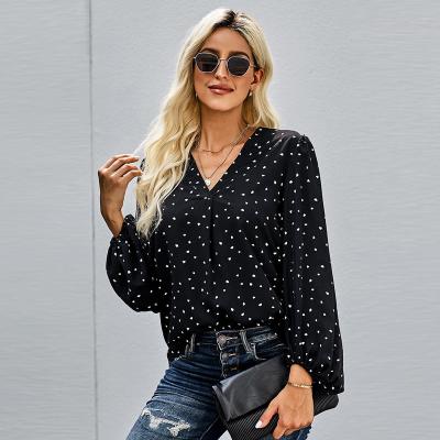 China Anti-pilling Customized Chiffon Shirt Dobby Dobby Polka Dot Shirt Ladies Tops Elegant Blouse Women Long Blouses for sale