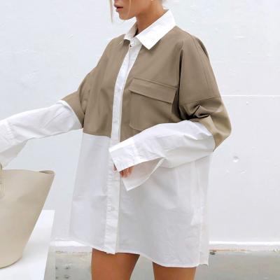 China Anti-pilling Fashion Patchwork PU Leather Blouse Women Loose Pocket Cotton Long White Shirt Female Casual Blouses Tops for sale