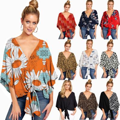 China Womens And Blouses Casual Floral Print V-Neck 3/4 Sleeve Streetwear Shirts Women Blouse Summer Anti-Shrink Plus Size Tops for sale