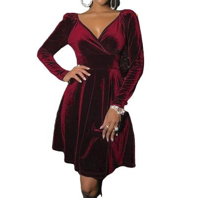 China Anti-Static Soft V-neck Mid Waist Soft V-Neck Women's Winter Women's Clothing Long Sleeve Bodycon Velvet Dress for sale