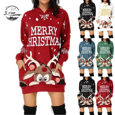 China 2021 Oversized Hoodie Dress Autumn Winter Womens Christmas Print Long Sleeve Anti-Shrink Border Pocket for sale