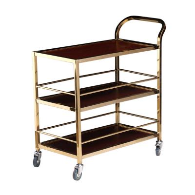 China Modern Food Catering Wine Beverage Collecting 3 Tier Wooden Serving Tray Gold Plated Ss Trolley for sale