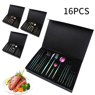 China 16pcs Fork And Spoon Set Viable Portuguese Flat Dinnerware Sets Luxury Gold Stainless Steel Restaurant Cutlery Set With Gift Box for sale