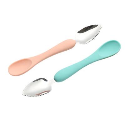 China Tableware Sustainable Baby Kids Spoon Baby Food Feeding Supplement Administer Stainless Steel Dual Use Baby Fruit Mud Scraping Spoon Set for sale