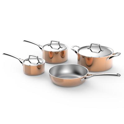 China Three-Layer Sustainable Pots Bottom Non-Stick Cookware Sets Cooking Stainless Steel Cooking Pots Non Stick Copper Cookware Set for sale