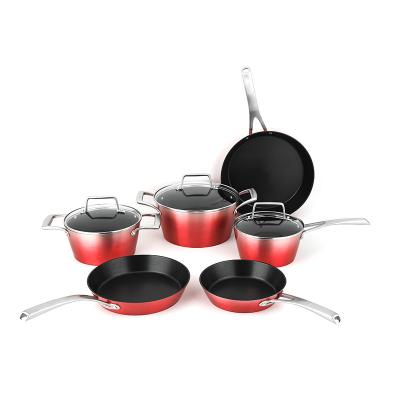 China Red Nonstick Cooking Pots And Pans Gradient Wholesale Viable Enameled Non Coating Aluminum Cookware Stick Cookware Sets for sale