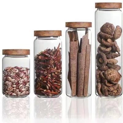 중국 Viable Home Kitchen Spice Grain Glass Jar Set Multigrain Coffee Flower Tea Storage Container Jars Airtight Seal Glass Jars With Wooden Lid 판매용