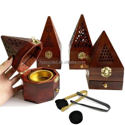 China Custom logo indian arabic wooden stand pyramid style incense bakhoor bakhoor charcoal burner mubkhar charcoal burner for shisha wholesale for sale