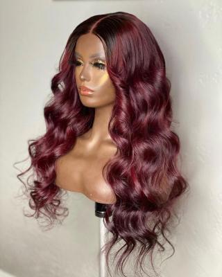 China Discounts 1B 99J Ombre Burgundy Human Hair Ombre Burgundy Human Hair 100% Transparent Dark Red Body Wave Hair 4X4 Lace Closure Wig for sale