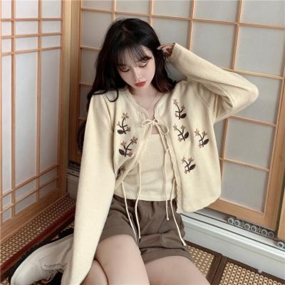 China 2021 Long-sleeved breathable embroidered knitted cardigan early autumn full tie loose short coat women's new and thin sweater for sale