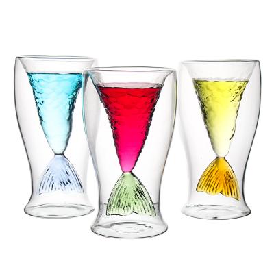 China Cartoon Creativity Double Glass Red Wine Whiskey Mug Heat Insulation Transparent Borosilicate Glass High Mermaid Wall Mug for sale