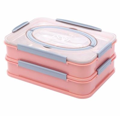 China Freshness Preservation 2000ml Double Layer 3 Compartments Adults Eco-Friendly Stainless Steel Lunch Box Airtight Food Container with Handle and Cutlery for sale