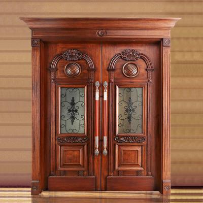 China Flower HS-CEWD3 Exterior Windproof Carving Wooden Doors Front Entrance Designs Luxury Teak Solid Wood Antique Plain for sale