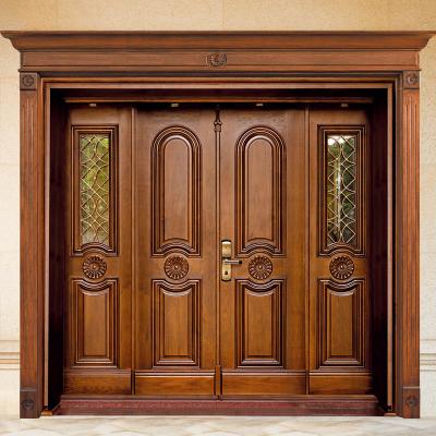 China HS-YH8007 Exterior Modern Solid Wood Exterior Double Doors Windproof Security Main Entry Doors Wooden Design for sale