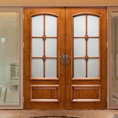 China HS-YH8053 sound insulation house apartment exterior lattice glass wood door designs french style home glass solid wood double doors for sale for sale