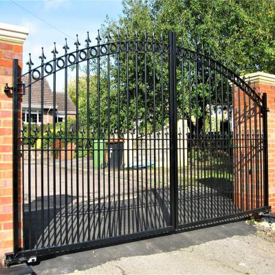 China HS-MG13 easily assembled custom villa house wrought iron gates and fences design home exterior arch fence base track steel gate for sale