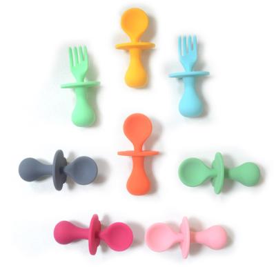 China BPA Free Infant Self Feeding Baby Utensils Silicone Feeding Spoon Training Fork Set Wholesale for sale