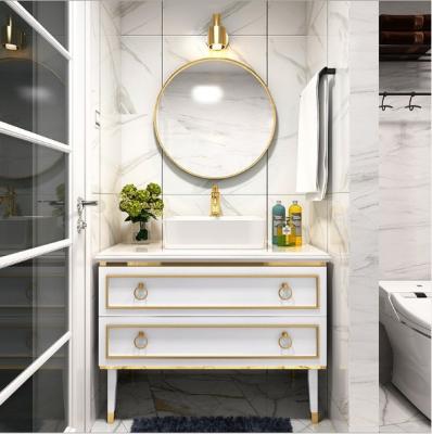 China Waterproof Customized Home Furniture With LED Mirror Bathroom Wooden Vanity Sink Artificial Marble Cabinet for sale