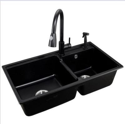 China With Faucet Undermount Double Black Farmhouse Quartz Stone Kitchen Sinks Deep Handmade Bowl for sale