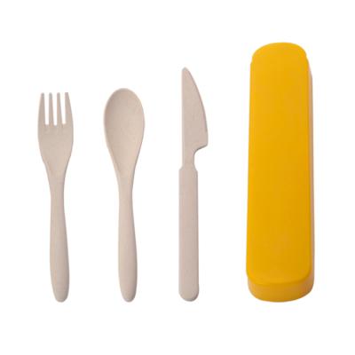 China New Viable Camping Travel Fork Spoon Chopsticks Set Plastic Tableware Portable Wheat Straw Bio Party Customized Cutlery Set With Case for sale