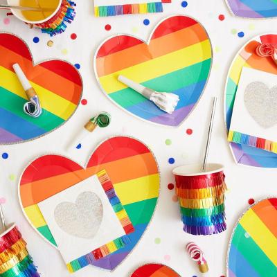 China Party Props DAMAI Factory Custom Rainbow Heart Shaped Party Dishes Kids Birthday Party Dish Cup Tableware Supplies Set for sale