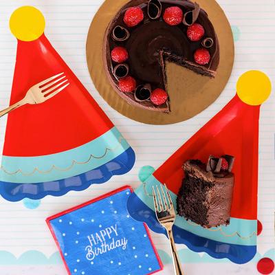 China 100% Eco-friendly Custom Party Supplies Hat Shape Paper Plate Happy Birthday Disposable Napkins for sale