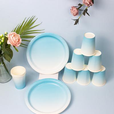 China 100% Eco-friendly Wholesale Blue Gradient Paper Plates Paper Cups Party Supplies Disposable Tableware for sale