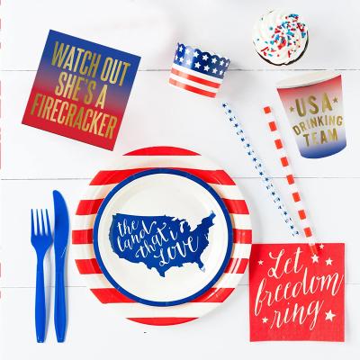 China 100% National Flag Eco-Friendly Themed Disposable Decorations USA Independence Day 4th of July Party Tableware Set American Party Supplies for sale