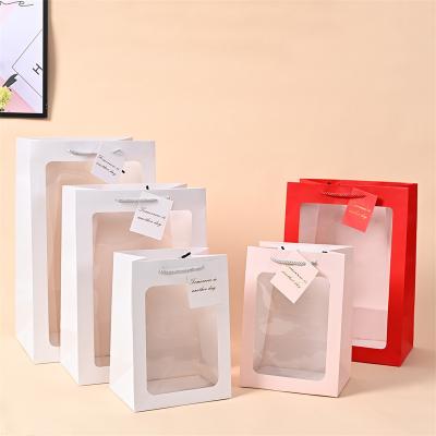 China Transparent Recyclable Window Gift Bag Fashion With PVC Gift Packaging Handle Shopping Paper Bags Custom Size Accepted for sale